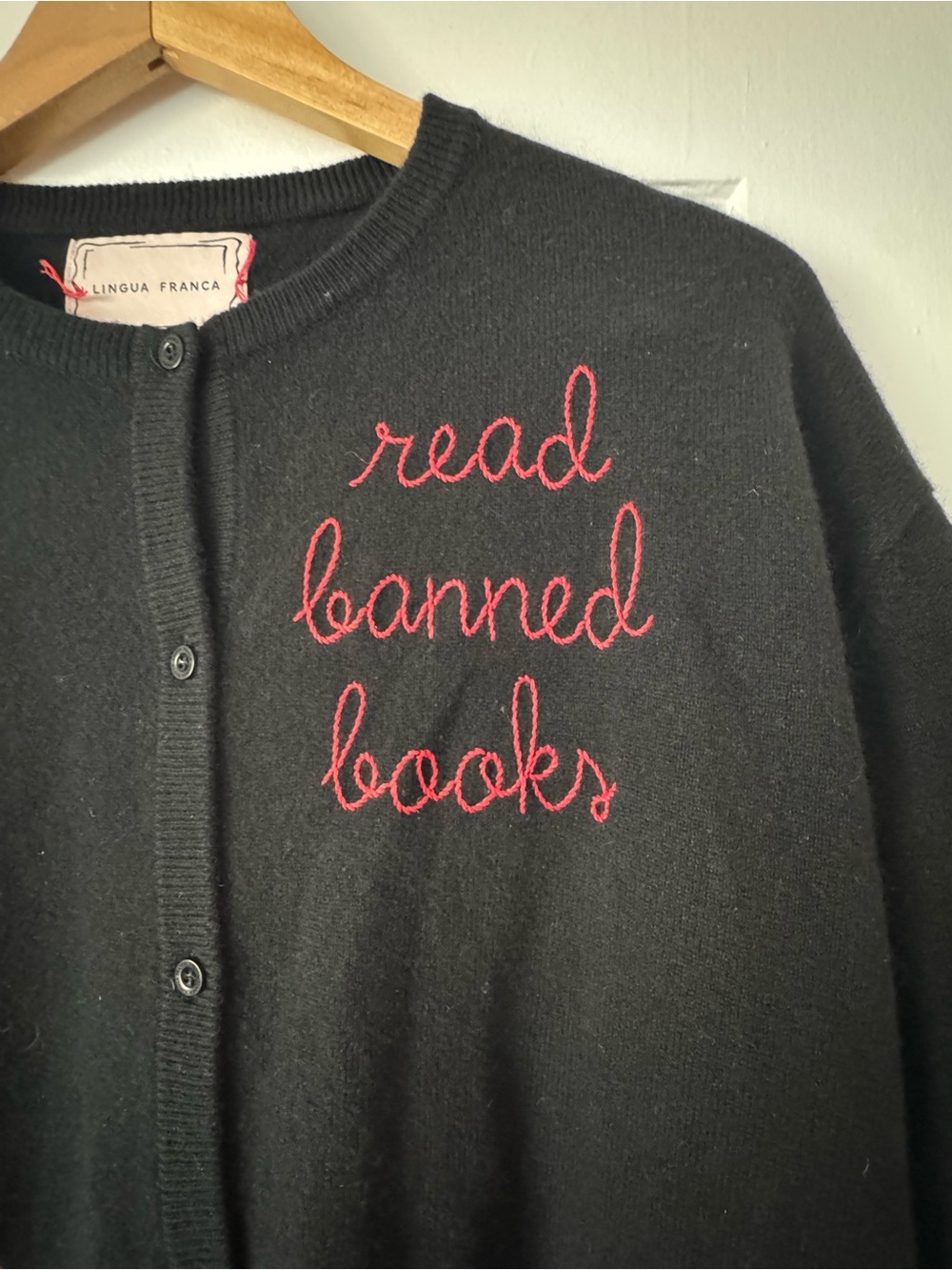 Lingua Franca Black Cardigan Sweater with Red "Read Banned Books" Embroidery - Picture 2 of 5